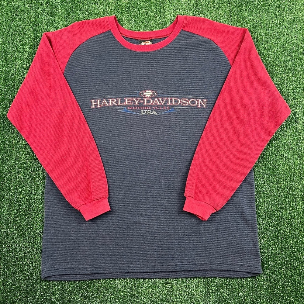 VTG‎ Harley-Davidson Thermal Navy Red Raglan Motorcycles T-Shirt Men's XL LS 90s